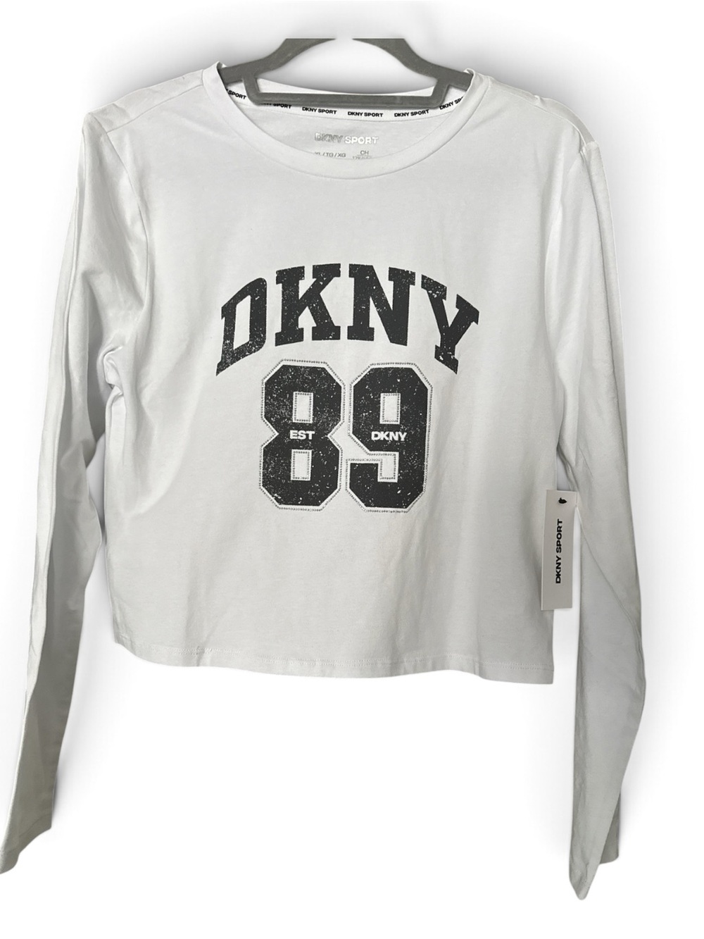 DKNY Sport White 89 Graphic Long Sleeve Crop Top – XL – NWT